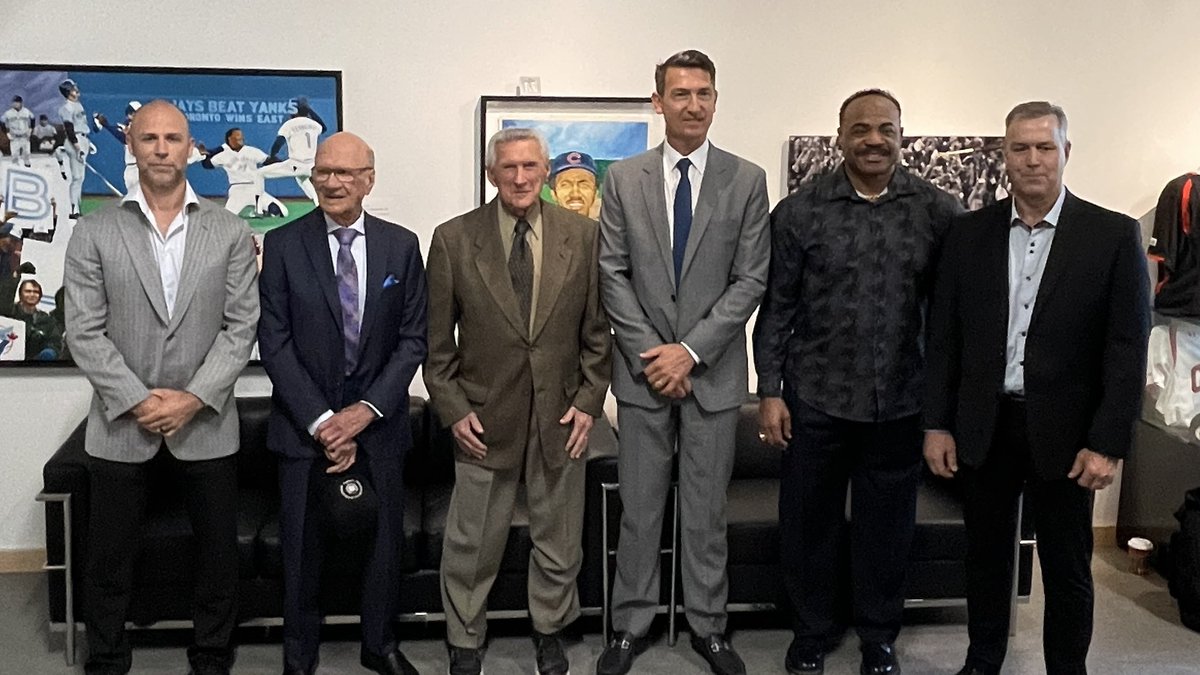 The six inductees, from L to R: Rich Harden, Jacques Doucet, Joe Wiwchar, John Olerud, Jesse Barfield, and Denis Boucher.