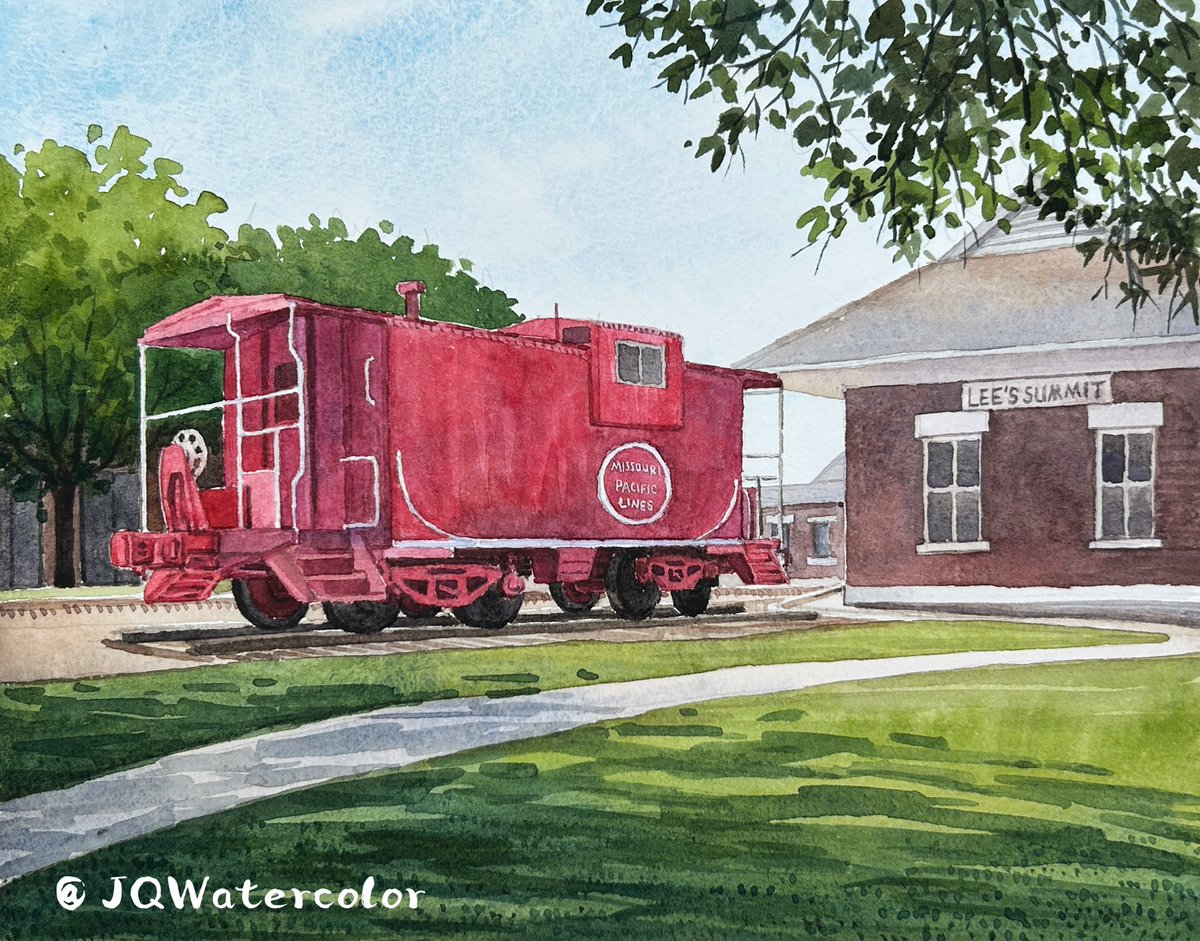 A cute red caboose at downtown Lee's Summit Amtrak Station. #leessummit #kansascity #kcmo #pleinairpainting #pleinair #art #watercolor #watercolour #color #drawing #painting #view #sunny #artist #sunlight #caboose #水彩 #水彩画 #写生 #画  #드로잉 #수채화 #акварель