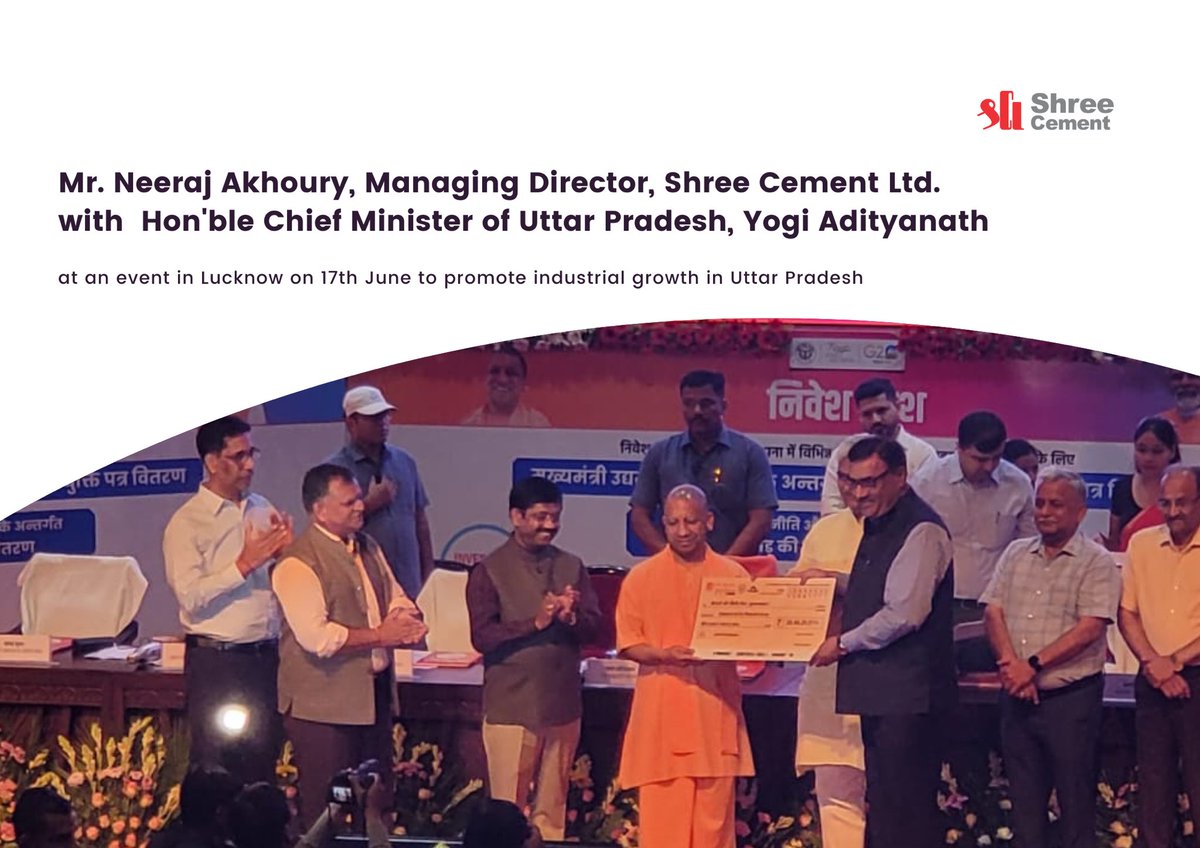 shreecementltd's tweet photo. Our Managing Director, Mr. Neeraj Akhoury led Shree Cement in an event graced by the Hon. Chief Minister of Uttar Pradesh, Yogi Adityanath. 
This event was organised to launch a new initiative of the government of Uttar Pradesh to support industries. https://t.co/67JORfwy9P