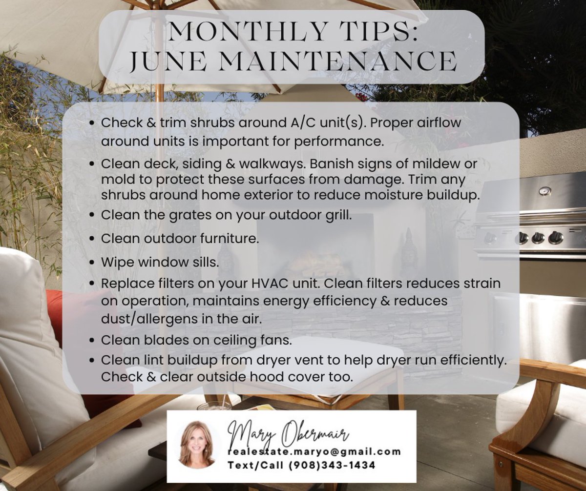 realestateMaryO's tweet photo. My newsletter includes a helpful list or tips! Contact me for your copy!
#hunterdoncountynj #njhomes #realestate #njrealestate #realestateagent #realtor #njrealtors #homemaintenancetip #findingyournexthome #newjerseyhomes #newjerseyrealestate #lbinj #shorehouse #gardenstate https://t.co/C9h9nWzGPw