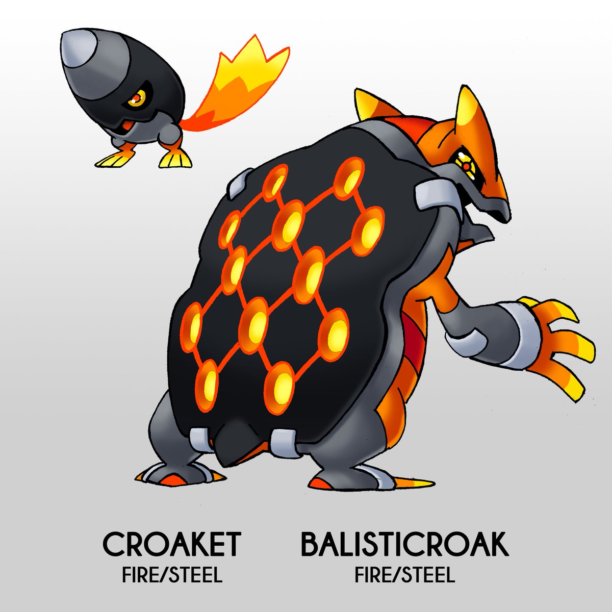 Second fakemon for the Challenge

CROAKET (Fire/Steel) The rocket pokemon
BAISTICROAK (Fire/Steel) The bombing pokemon

They are based on the Suriname Frog and ICBMs