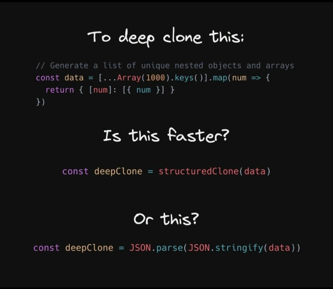 frontendgenius's tweet photo. Which one did you use for a deep clone ?
#100daysofcode #developer #javascript #javascript30 #javascriptcode #reactjs #webdeveloper #webdevelopment #webproject #angular #html #node #programming #coding https://t.co/4ki9VmIc0a
