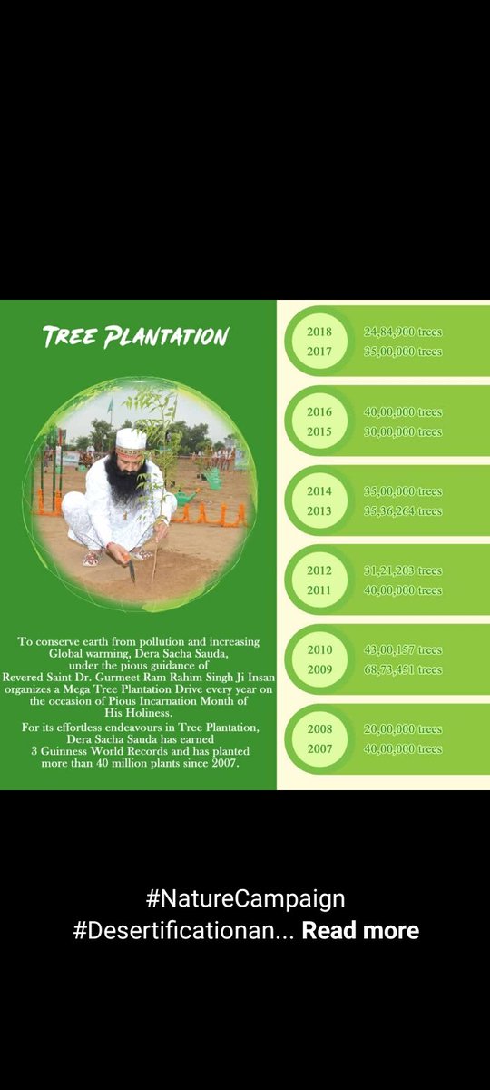 Today, pollution is increasing continuously, to reduce which we should plant more and more trees. Following the inspiration of Saint Gurmeet Ram Rahim Ji, the volunteers of Dera Sacha Sauda plant trees continuously.
#NatureCampaign
#DesertificationandDroughtDay