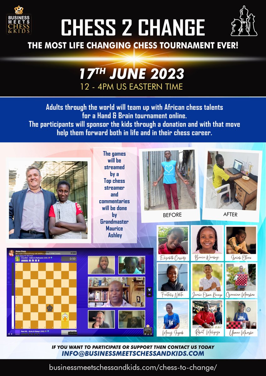 Follow todays Charity Chess tournament in favor of our African talented kids here from 1200 twitch.tv/chess2change And if you would like to support the kids then it can be done in the stream or through this link paypal.com/donate/?hosted… commentaries by @MauriceAshley @GMCarlsson