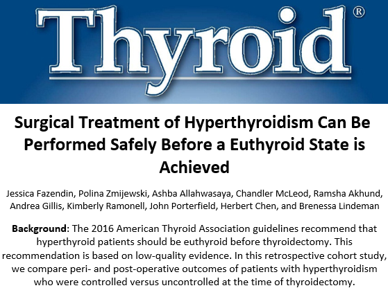 What are the risks of #thyroid surgery while #hyperthyroid? @UABSurgery studies patients w/ uncontrolled #hyperthyroidism @ surgery vs. controlled pts to find out.
ow.ly/y3Y650OMWZk

@BrenessaL @herbchen #GravesDisease #thyroidectomy #ThyroidJournal #medtwitter #endotwitter