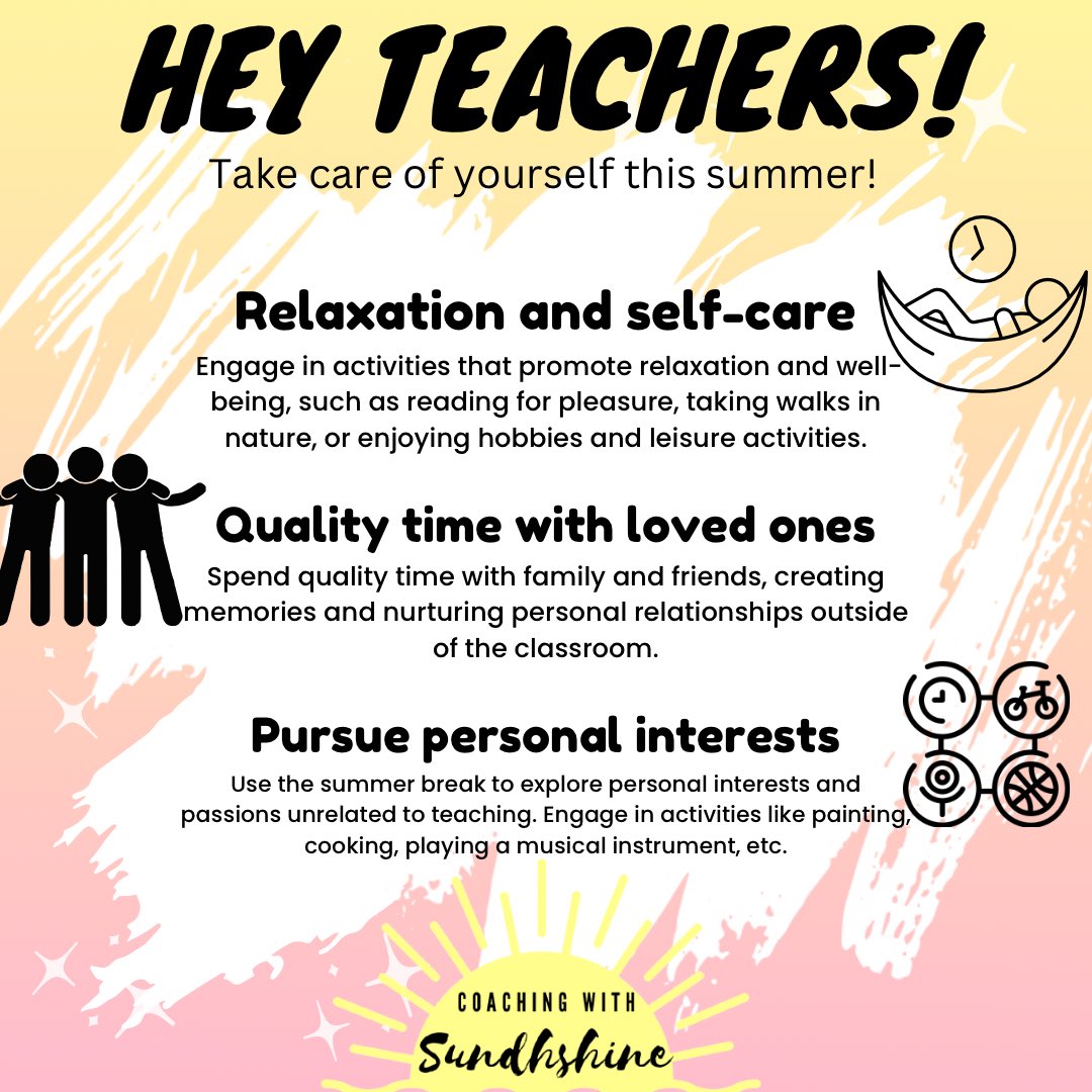 Hey, teachers! Take care of yourself this summer! Here are a few ways you can tackle that! #selfcare #actuallytaketimeforyourself #d70shinyapple #relaxandselfcare #qualitytime #personalinterest