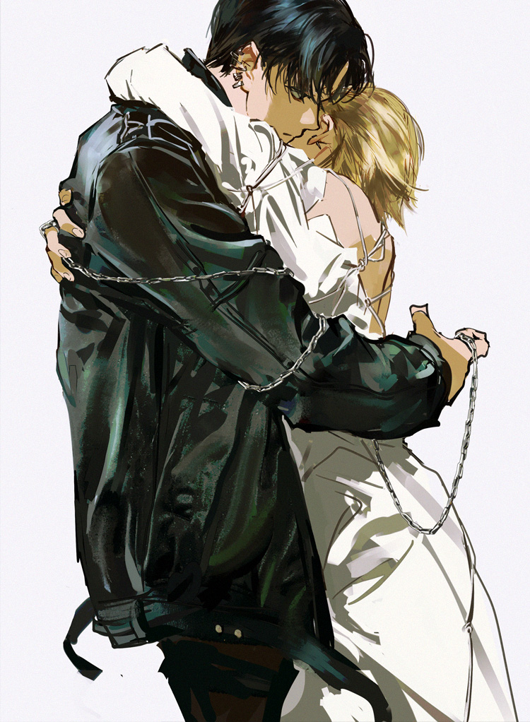 1girl 1boy blonde hair hug black hair short hair white dress  illustration images