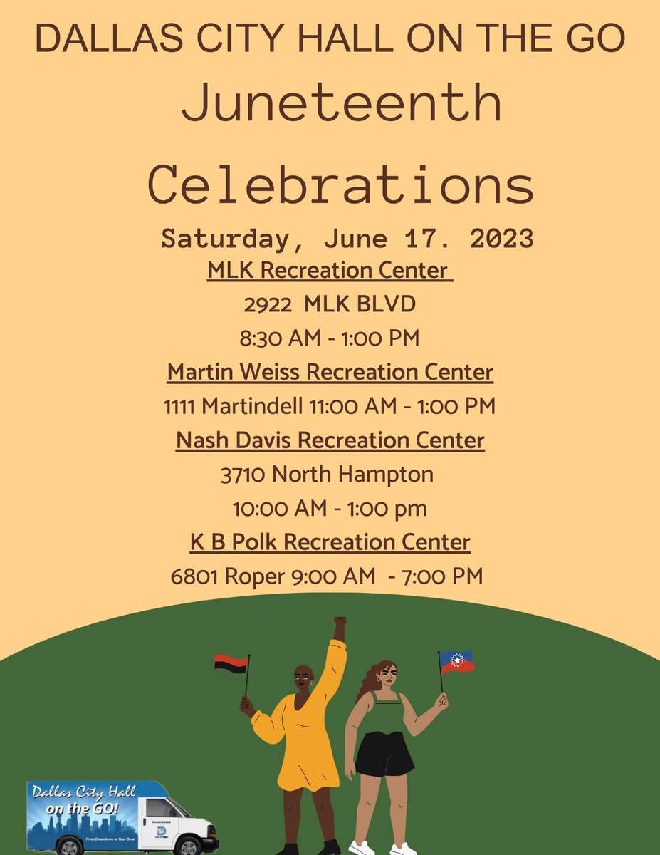 311Dallas's tweet image. Discover the exciting Juneteenth celebrations happening Today, and join in with Dallas 311 -  City Hall On The Go on the meaningful celebration.#DallasParks #DallasLibraries #dallastx #dallas #DallasCity #pleasantgrove #latinosdallas #dallas311 #dallaslatinos #DallasCityCouncil