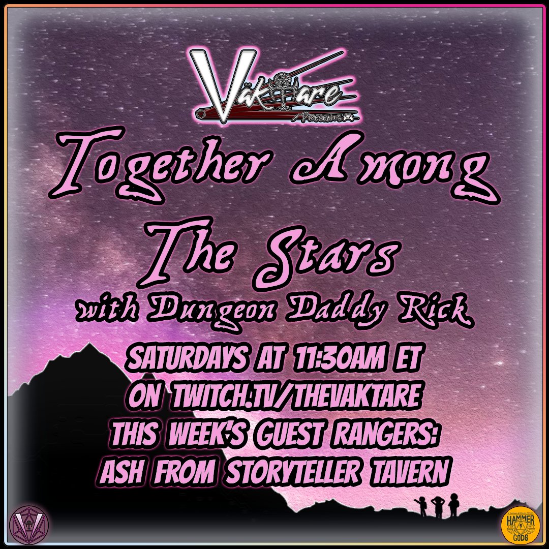 Join us for Together Among the Stars with Dungeon Daddy Rick from @HammerotheGods with special guest Ash from @Story_Tavern as they blast off into the unknown. 
#TogetherAmongtheStars #ttrpg #VaktareTTV #Vakpak #roleplay #chillstream #internationalcommunity #communitystrong