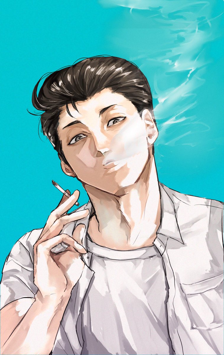 1boy cigarette male focus solo holding cigarette shirt black hair  illustration images