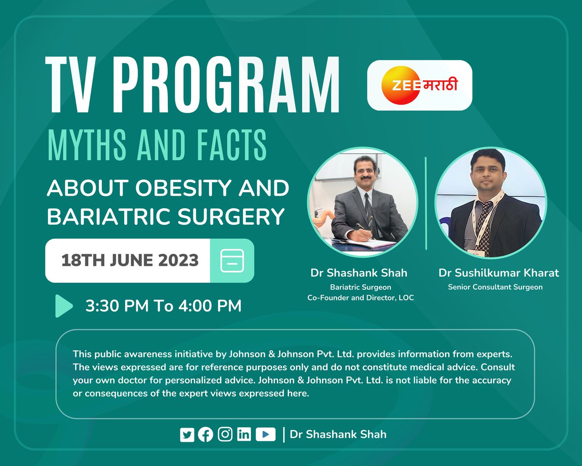 📺 Join us for an insightful TV Program as Dr. Shashank Shah and Dr. Sushil Kumar Kharat debunks Myths and shares Facts about Obesity and Bariatric Surgery! 🩺💡

🗓️ Save the Date: June 18, 2023
⏰ Time: 3:30 pm - 4:00 pm

 #MythsAndFacts #TVProgram #ZeeMarathi #LiveEvent #DrShah