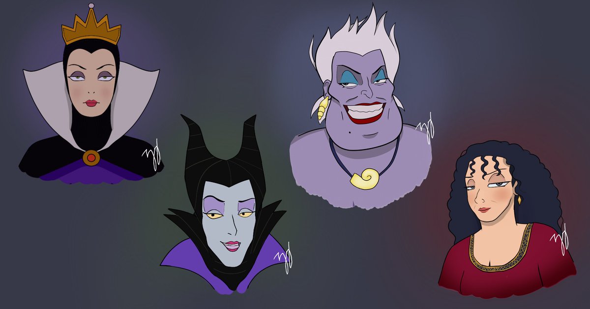 Drew some Disney characters! Guess what they all have in common 
#evilqueen 
#maleficent 
#Ursula 
#gothel 
#disney #DisneyPlus #disneyart #disneyclassic #fanart #digitalart #art #villain #disneyvillains #evil #disneyfanart #snowwhite #sleepingbeauty #thelittlemermaid #tangled