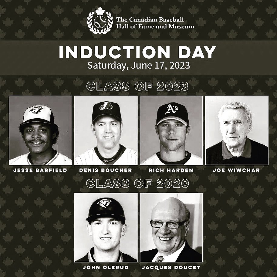 Congratulations to Jesse Barfield, Denis Boucher, Rich Harden and Joe Wiwchar. All four gentlemen will be inducted to the Canadian Baseball Hall of Fame this afternoon. Alongside them will be 2020 inductees John Olerud and Jacques Doucet. #baseball #BaseballCanada