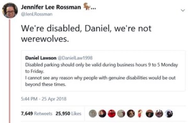 "We’re disabled, Daniel, we’re not werewolves."

At one point it had more likes than the population of Iceland