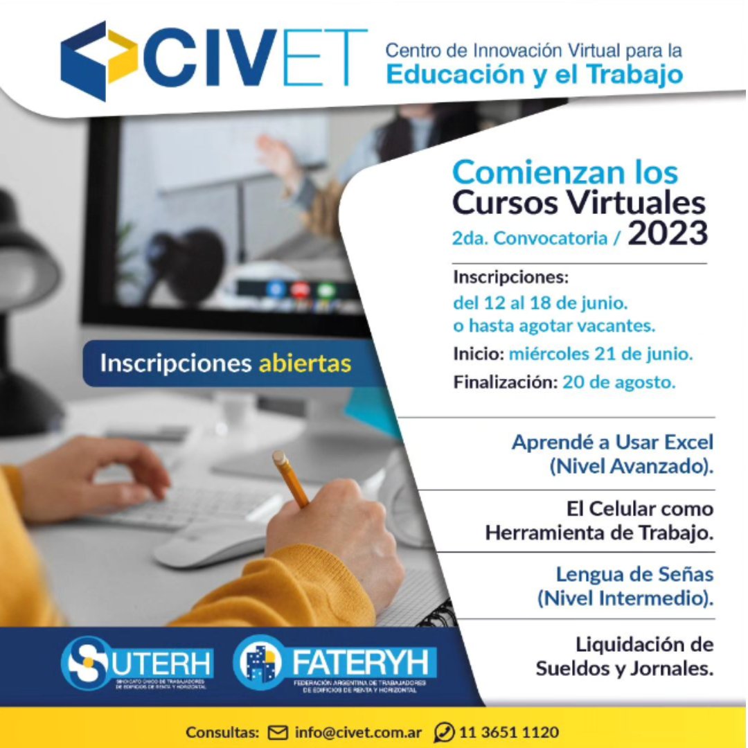 civeteducacion's tweet photo. 2da convocatoria #cursosvirtuales 2023 en #Civet! ¡Gratuitos! Inscripciones: del 12 al 18/06. Inicio: 21/06 Finalización: 20/08 🖊️ Inscripciones en: https://t.co/la3tbVv6aR Para más información comunicate al 1136511120 (Whatsapp) o a info@civet.com.ar 👨🏽‍🏫#FormaciónProfesional 👩🏽‍🏫 https://t.co/zW0gzmupNJ