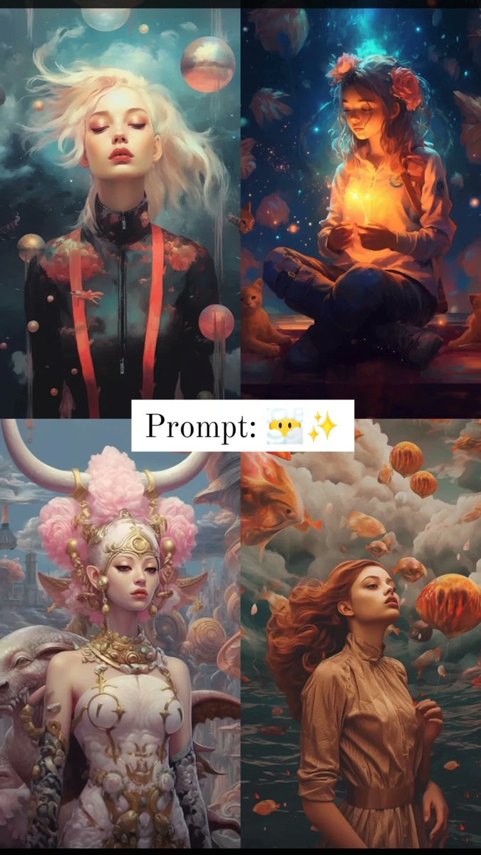 CarineFabritius's tweet photo. I tested #emojis as a #prompt 👀
It was interesting to see how the colors and subjects of emojis affected to the generated image. Some worked better than others.
This test also shows #midjourney 5.1 default #aesthetics and themes: beautiful young women and girls

#AI #inspiration https://t.co/es1ZfxaWPZ