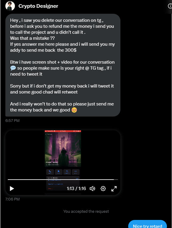 anger_trading's tweet photo. Looks to me like #CROOGLE and #PUMPTOPIA dev team are launching projects, abandoning and scamming RELENTLESSLY.
@Nidhal0607 and TG handle: Shikin and his boyz even have to resort to lame ass broke tactics to scare tactic skem rn LOL
Fucking insane how people can use a fake tg account with my "TG CHANNEL NAME" / iBuyBottoms w AngerTrading as a profile to request that I return their paid shills which I never even heard of
So dumb...