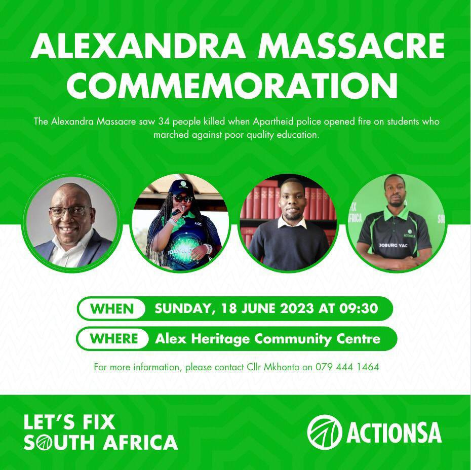 ActionSA Gauteng Youth Forum will be commemorating the Alexandra Massacre at Alex Heritage Community Centre at 9:30am on Sunday, 18 June. The youth are finding their voice again, and speaking out. For more info, contact Cllr Mkhonto 079 444 1464. #YouthDay2023 #VoterRegistration