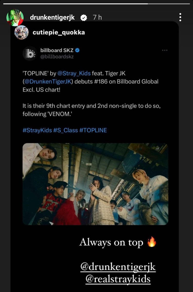 Tiger JK posted Topline debut on Billboard Global excl US on ig
