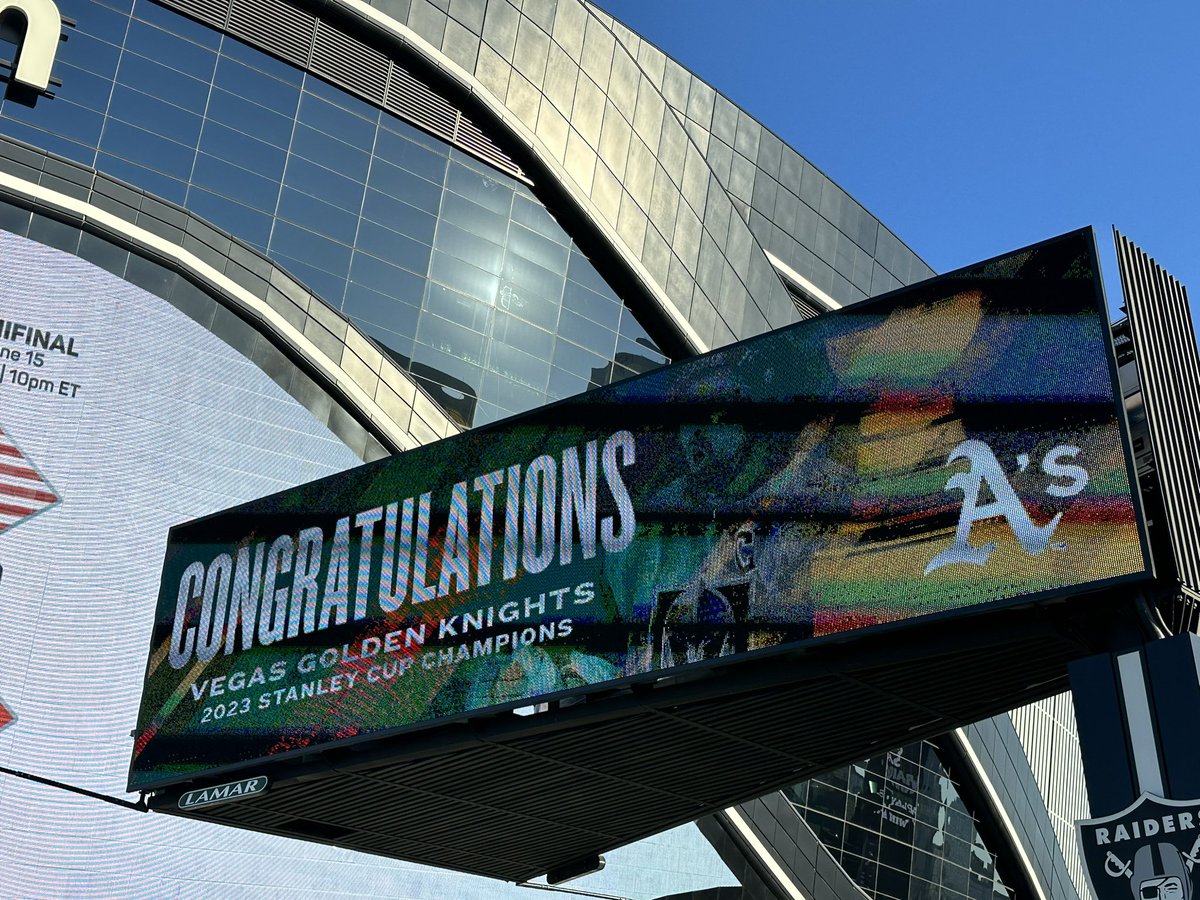 mickakers's tweet photo. The @Athletics have digital billboards running  in Las Vegas congratulating the @GoldenKnights on their Stanley Cup championship. #vegas #athletics #vegasborn #StanleyCupChampions https://t.co/enflbPLGJC