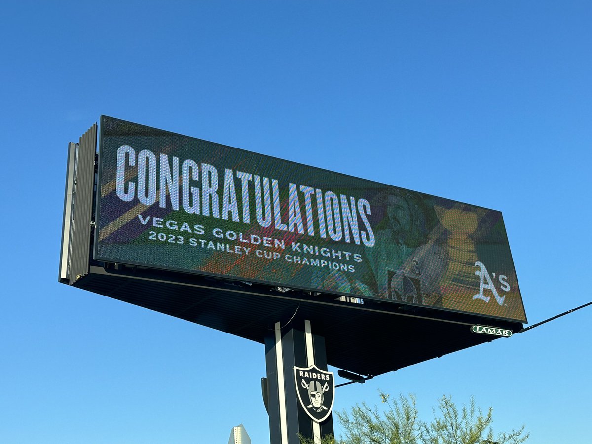 mickakers's tweet photo. The @Athletics have digital billboards running  in Las Vegas congratulating the @GoldenKnights on their Stanley Cup championship. #vegas #athletics #vegasborn #StanleyCupChampions https://t.co/enflbPLGJC