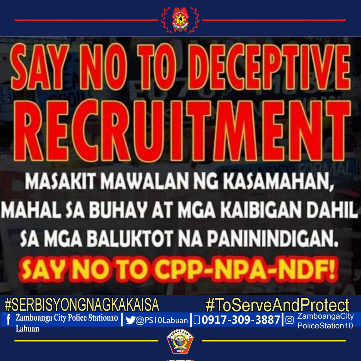 PS10Labuan's tweet photo. No to CPP-NPA-NDF! 

Zamboanga City Police Station 10 - Labuan Hotline #:
0917-309-3887 (Globe)
#SERBISYONGNAGKAKAISA
#ToServeAndProtect https://t.co/3ngdIyE2Ol