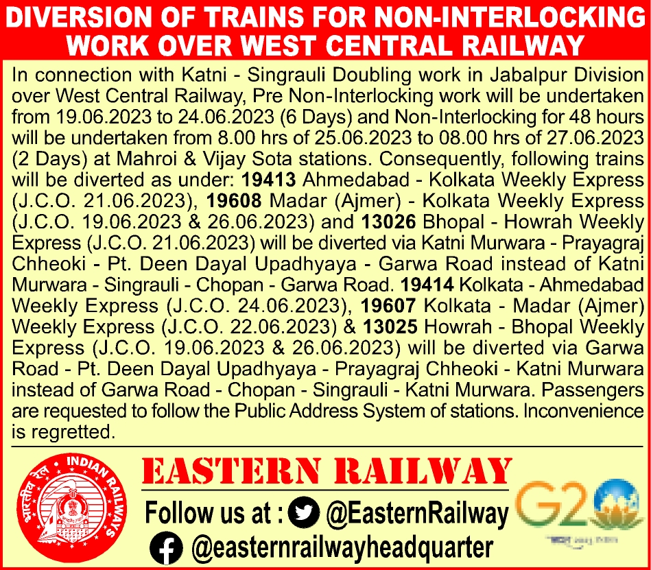 Eastern Railway on Twitter "DIVERSION OF TRAINS FOR NONINTERLOCKING