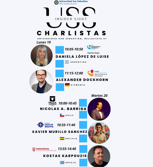 Se invita a tod@s al primer USS: Insider Sight, ciclo de charlas profesionales, en esta ocasión enfocada en IA aplicada en videojuegos. 19 y 20 de junio presencial y virtual. Formulario de inscripción en my.demio.com/ref/VH4B9iLuns… detalle en events.vtools.ieee.org/m/362423
