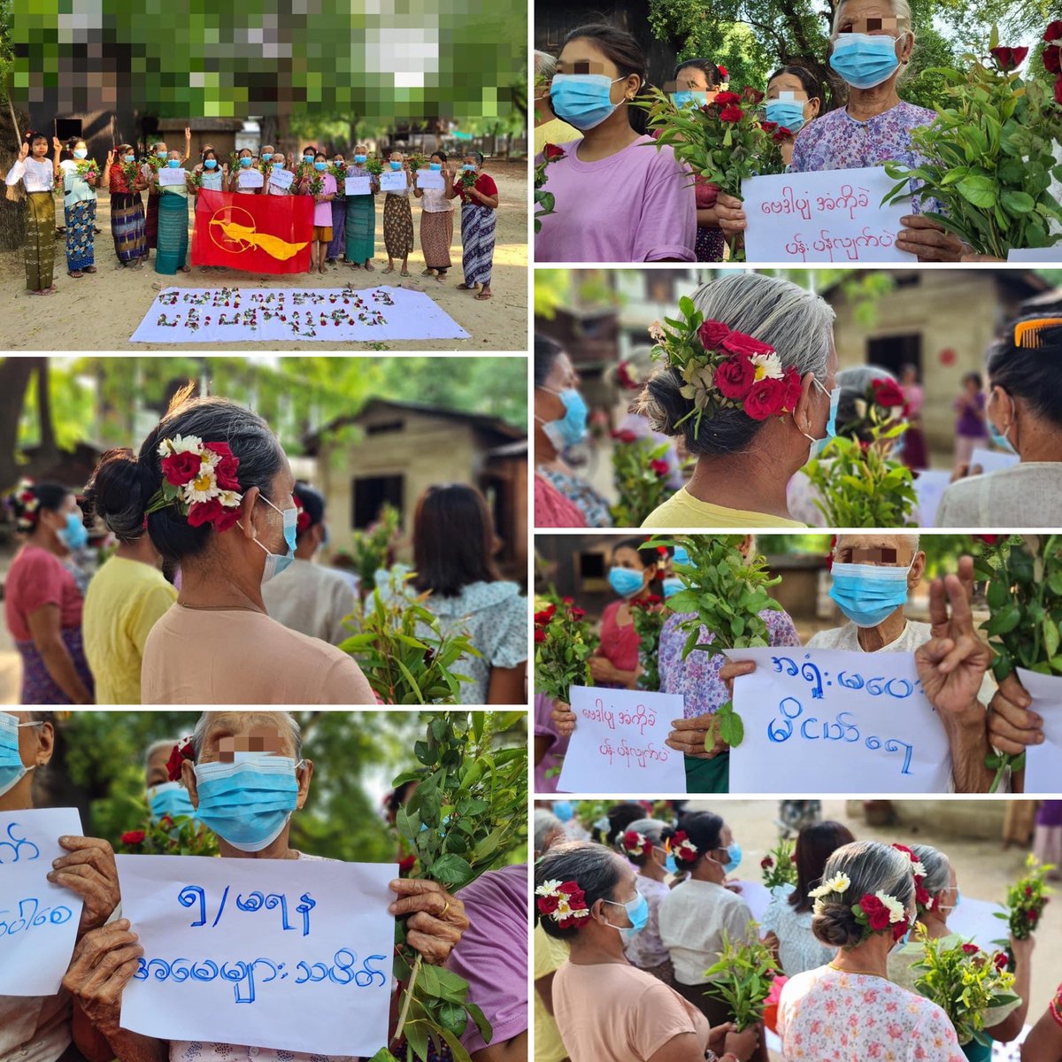 Led by Monywa University Student's Union and residents from a village of #Monywa , staged the #June19_FlowerCampaign to oppose the #MilitaryDictatorship on Jun17.
                         
#2023Jun17Coup 
#Freedom_from_Fear     
#HelpMyanmarIDPs  #WhatsHappeningInMyanmar