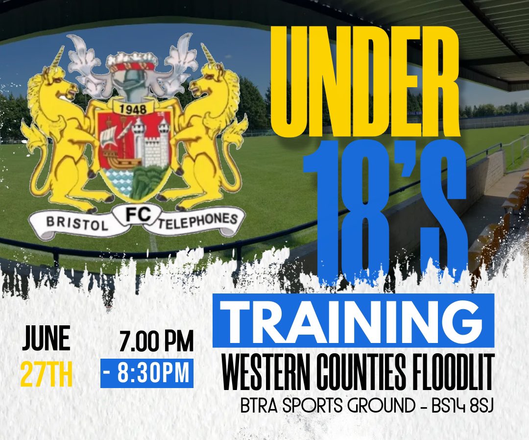 Lovingthephones's tweet photo. UNDER 18’S!

Bristol Telephone are proud to announce we will have a u18’s floodlit team for the up and coming season. Training will start this Tuesday at our ground, all welcome along. For more information please call the Manager Rob Giles - 07775430018 .

#UTP🔵⚪️🟡 https://t.co/gOTvb7R9EQ