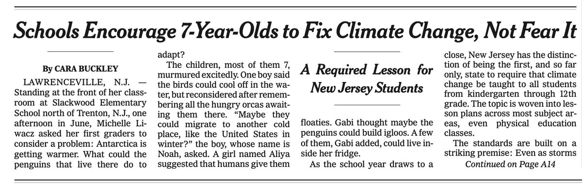 From the front page of the NYTimes:

New Jersey using Al Gore-trained teachers to destroy the brains of school children with climate idiocy.

About to make climate part of math and English courses.

Sick people.

nytimes.com/2023/06/15/cli…