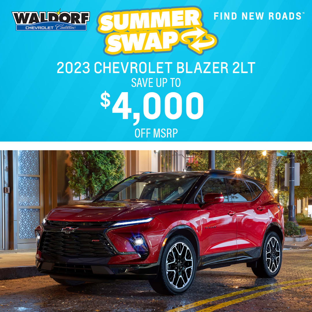 Unleash summer with Waldorf Chevy Cadillac Summer Swap! 🌞🚗 Get the 2023 Chevrolet Blazer 2LT and save up to $4000 off MRSP! 😍✨ Don't miss out! Limited stock available. Visit us today. #WaldorfChevyCadillac #SummerSwap #ChevroletBlazer #SaveBig