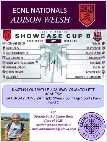 Adison Welsh (@adisonwelsh27) on Twitter photo Excited and ready to get back on the field with my teammates in San Diego at ECNL Nationals!
<a href="/RacingLouFC/">Racing Louisville FC</a> <a href="/LouCityAcademy/">Louisville City FC Academy</a> <a href="/TopDrawerSoccer/">TopDrawerSoccer</a> <a href="/ECNLgirls/">ECNL Girls</a> <a href="/ECNLOhioValley/">ECNL Ohio Valley Conference</a> <a href="/ImYouthSoccer/">ECNL/GA/Recruiting/College Soccer</a> <a href="/ImCollegeSoccer/">College Soccer Truth ™</a> Excited and ready to get back on the field with my teammates in San Diego at ECNL Nationals!
<a href="/RacingLouFC/">Racing Louisville FC</a> <a href="/LouCityAcademy/">Louisville City FC Academy</a> <a href="/TopDrawerSoccer/">TopDrawerSoccer</a> <a href="/ECNLgirls/">ECNL Girls</a> <a href="/ECNLOhioValley/">ECNL Ohio Valley Conference</a> <a href="/ImYouthSoccer/">ECNL/GA/Recruiting/College Soccer</a> <a href="/ImCollegeSoccer/">College Soccer Truth ™</a>
