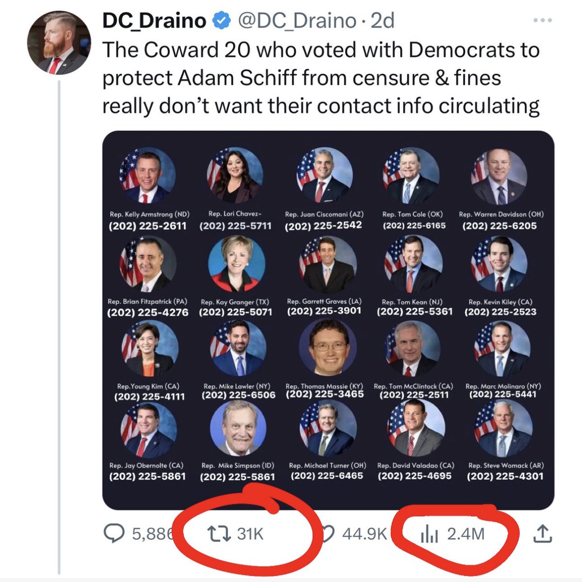 DC_Draino's tweet image. 31,000 retweets

2.4 million views

Thousands of phone calls from voters exercising their 1A rights

We don’t want weak excuses - we want bold action

Maybe someone should tell the Coward 20 the Adam Schiff censure is a Democrat debt ceiling bill so they’ll vote for it?