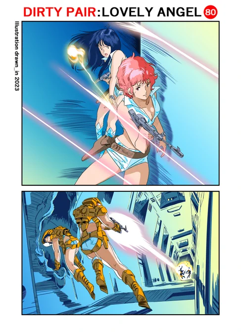 当時の『ダーティペア』の挿絵は、安彦先生がペンを使わないことから、鉛筆画をコピーしてトーンを貼って仕上げていたと言われています。現在の挿絵は、漫画と同様に削用筆で仕上げてる様に見えます。 #ダーティペア #ケイ #ユリ