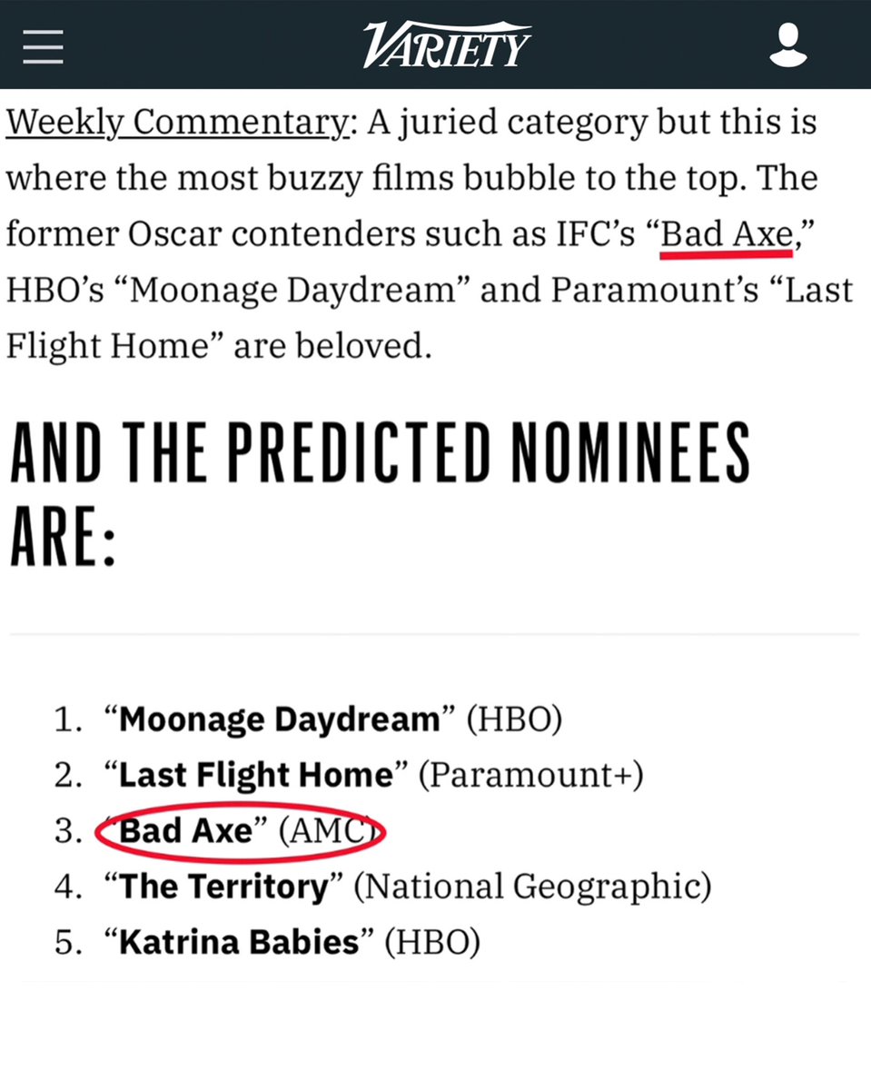 DavidSiev's tweet photo. As we head into Emmy voting this week, I'm both humbled and thrilled to see @badaxefilm on @Variety’s prediction list for the Primetime Emmy in Exceptional Merit in Documentary Filmmaking. The recognition our little film received as an Oscar contender on the shortlist still feels https://t.co/JZlR3HF8Ja