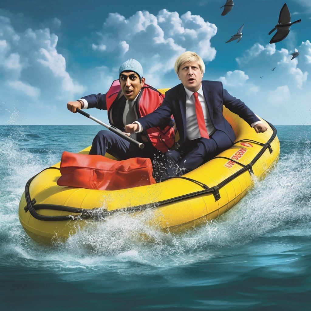@RishiSunak Just spotted Rishi Sunak and Boris Johnson in a dinghy! Turns out they're taking a crash course in economics and navigating rough waters. Good luck, gentlemen! 🚣‍♂️💰 #SinkOrSwim #BumblingBoatMates