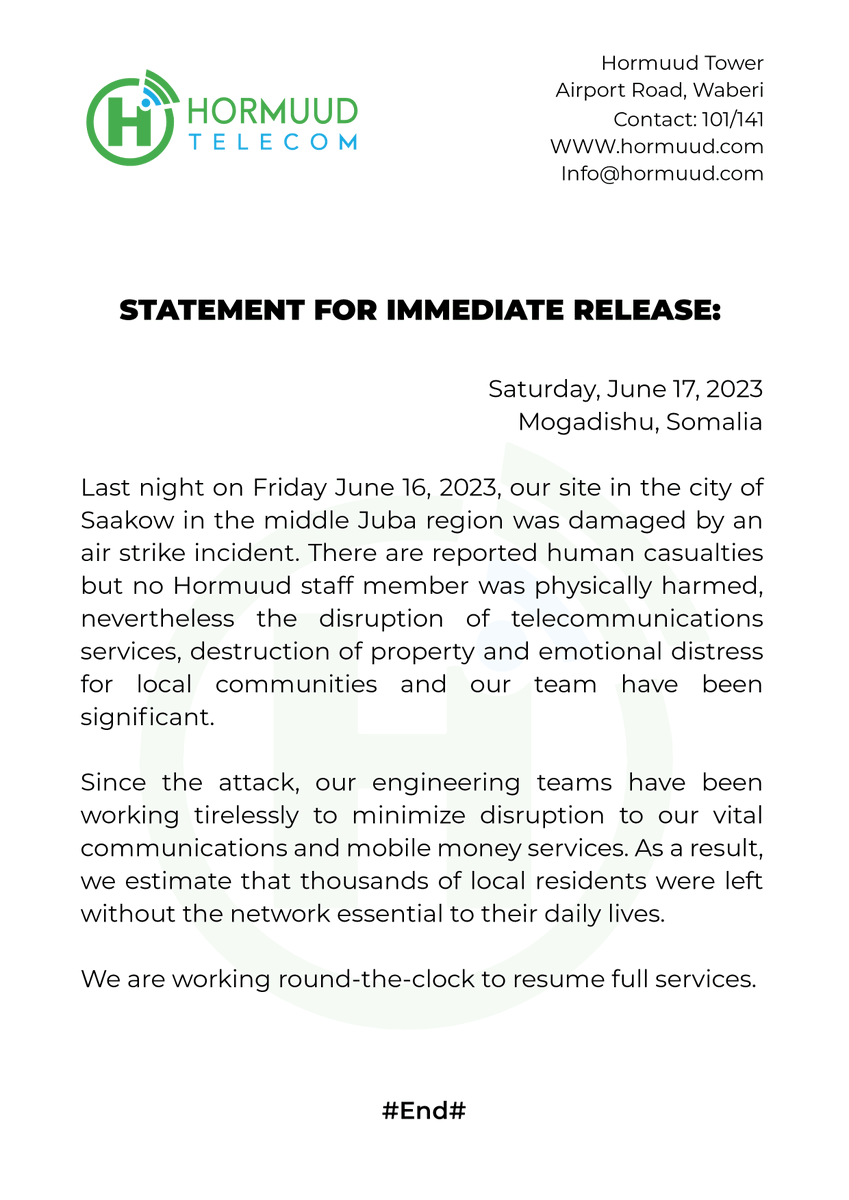 Hormuud's tweet photo. We are deeply saddened to inform you that our #Saakow site in the Middle Jubba region, #Somalia, was struck by an airstrike last night, June 17, 2023. The site has suffered significant losses and damage, causing disruption to our telecom and EVC Plus mobile money services. We are working tirelessly to restore these services for our people very soon.

Read the full press release here: https://t.co/ZcFR24VWfk
