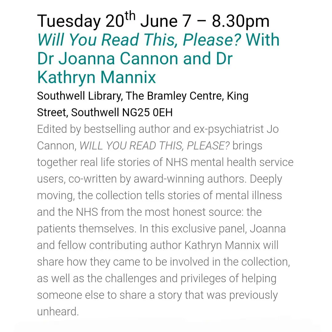 drkathrynmannix's tweet photo. I'm excited to be heading to Nottinghamshire this week to join the wonderful writer @JoannaCannon at @southwellibrary to talk about  #WillYouReadThisPlease

Tues 20th June 7pm
Southwell Library
Tickets: https://t.co/b7RqOALMxW

Come &amp; join us! https://t.co/Q1PEaqDljX
