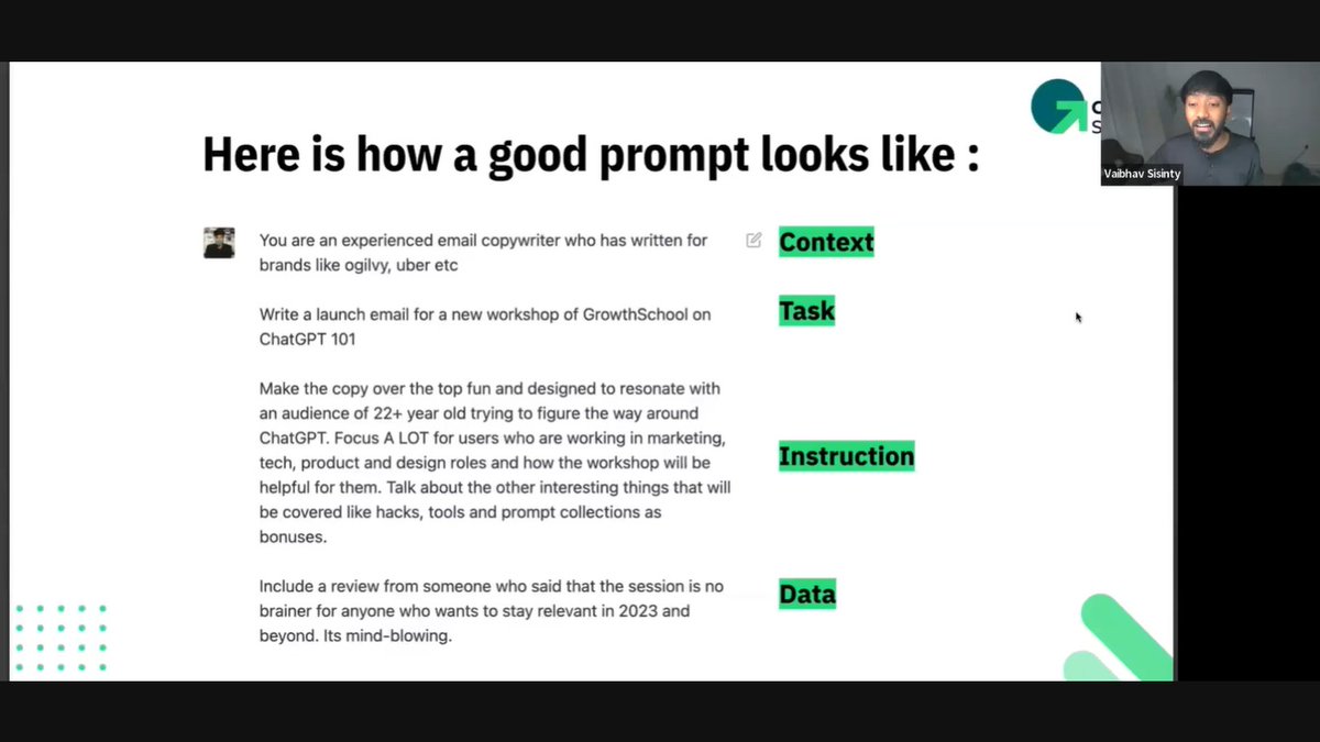 Grateful for @growthschoolio's workshop on ChatGPT prompt design! I loved the way @VaibhavSisinty presented his basic outline for a prompt and the ppt. 
Sign up with this link for free  link.growthschool.io/cttChatGPT
#AI #GrowthSchool #ChatGPT