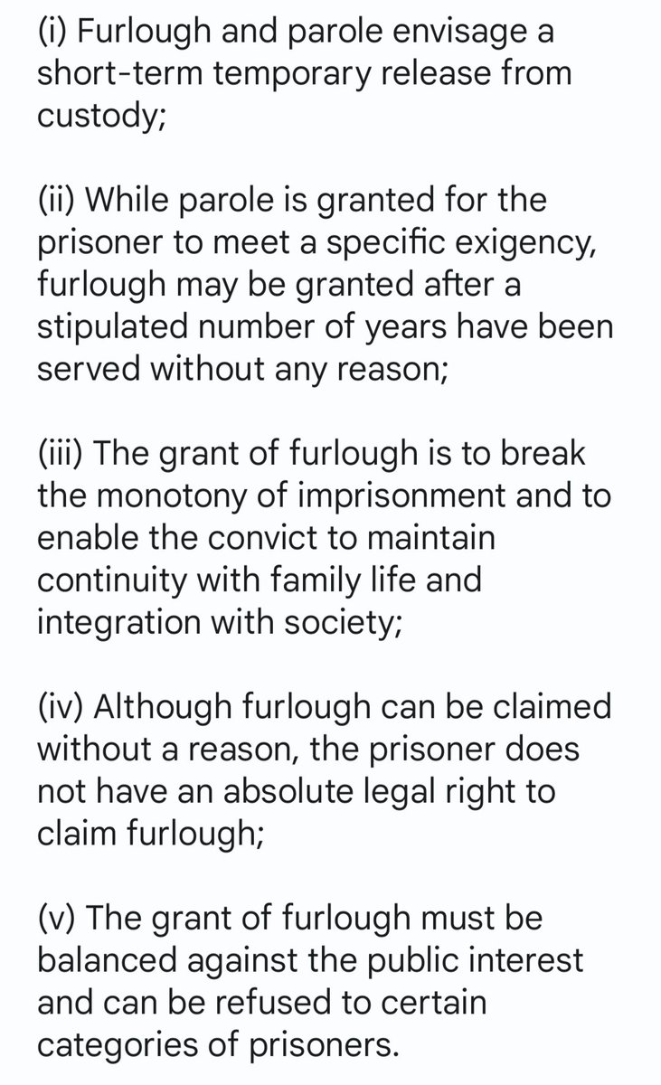 Recently Hon'ble SC clarified the law on 'Furlough and 'parole' in the case of  State of Gujarat versus Narayan Sai (Crl.Appeal 1159 of 2021).

Hon'ble SC differentiated between furlough and parole and laid down the broad principles as follow-👇
