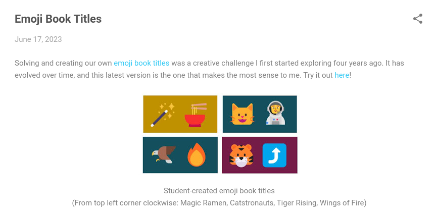 dancelibrarian's tweet photo. So many folks wanted to know how my students create emoji book titles. Here is the answer! https://t.co/wVObUgxlk2 Thank you for the inspiration and tools @tonyvincent @meredithakers! https://t.co/SlDKmgtPbS