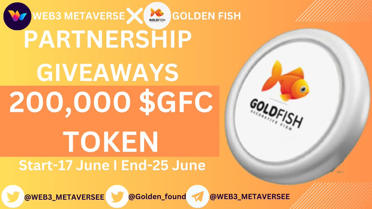 2nd round
Golden fish X Web3 Metaverse
 1000 #FCFC BIG  #Airdrop

🏆 Prize Pool -: 200,000 $GFC TOKEN  ( #FCFS Users )

✅ Follow @golden_found& @Web3_METAVERSEE

✅ Complete form ⤵️
docs.google.com/forms/d/1CW-hj…

⏱️ Ending 25 June
#BSC #Airdrops #Crypto #Web3Metaversee