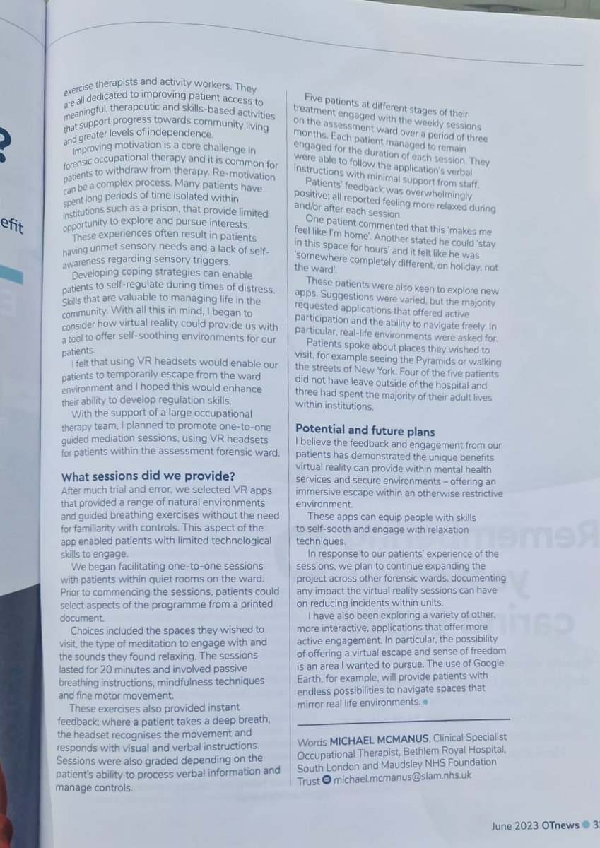 Delighted to have an article published in @OTnews. Thank you @RCOT_MH for sharing this piece on the benefits of VR In Forensic Mental Health #RiverhouseOT @sarahcook78 @Miriam_OT12