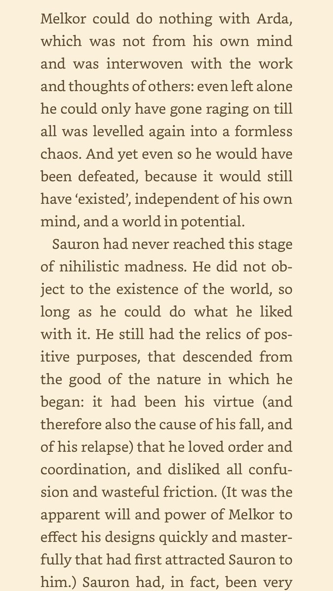 I'm so fascinated by the distinction between Morgoth and Sauron and how Tolkien is saying that Sauron was a more complex being, with a deeper connection to Arda, whereas Morgoth was too self-obsessed. Rings of Power has already done Sauron so much justice.