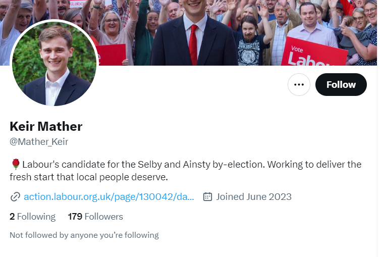 Meet @Mather_Keir he's Labour's candidate for Selby and Ainsty by-election.

Apparently he never had a twitter account before a few days ago.

Is anyone buying that bull, considering he used to work for the death threat tweeter Wes Streeting.

I'm not buying it.