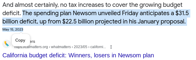 @GavinNewsom PSSSTT! You gonna tell them about our $31 billion deficit? 
We have a failing/fire-causing electric grid, rampant homelessness, increasing crime, no water storage, bad roads, mismanaged forests and state land, and unfunded pension liabilities... CA doesn't pay its bills.