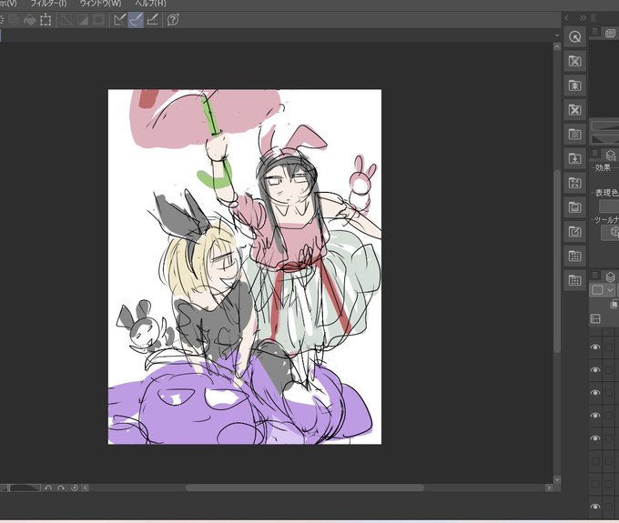 サンリオコラボ絵は下描き(?)に色塗って、ここから描き始めて右のイラストに仕上げました。 いや、ひどいなと思ってw  いつもこんな感じなんだけど…