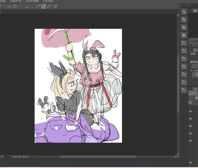 サンリオコラボ絵は下描き(?)に色塗って、ここから描き始めて右のイラストに仕上げました。 いや、ひどいなと思ってw  いつもこんな感じなんだけど…