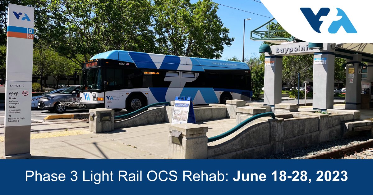 VTA's tweet image. The next phase of #lightrail rehab starts June 18-28. 

🟠Orange Line #BusBridge: Fair Oaks ↔️ Baypointe Stations
🟢Green Line will operate between Winchester↔️ t. James Stations only. Riders continuing must board Blue Line at St. James.

bit.ly/3OUhJJs
